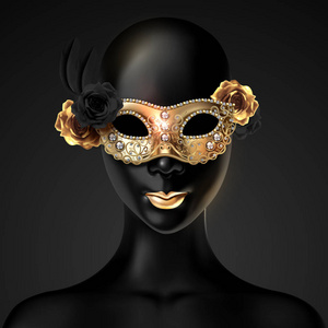 黑色假人模型，戴着嘉年华金面具，玫瑰在3幅插图中