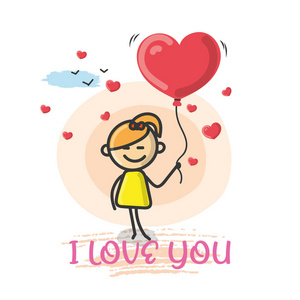涂鸦卡通人物,一个女孩拿着一个红色的爱心气球与文字,我爱你矢量插图