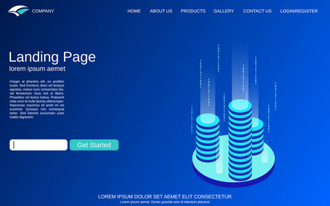 网站登陆页面矢量模板。 蓝色背景与数字技术等距概念插图。 网页横幅及应用设计