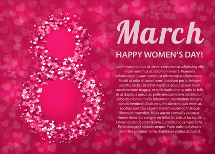 s day pink banner. March 8 bright vector background with hearts.