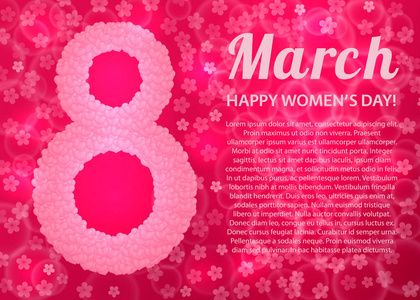 s day pink banner. March 8 bright vector background with hearts.