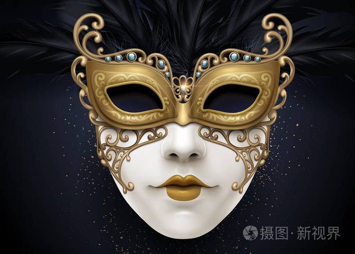 狂欢节美丽面具3d插图与金色粒子