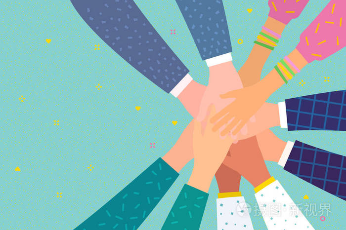 朋友与堆叠的手显示团结和团队合作的最高观点. 人们把手放在一起.