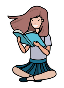 年轻的学生女孩坐着看书矢量插图设计