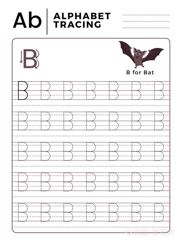 字母b字母表追踪书与例子和有趣的蝙蝠卡通.