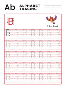 字母b字母表追踪书与例子和有趣的鸟。 用于练习精细运动技能的学前工作表。 儿童矢量动物插图。