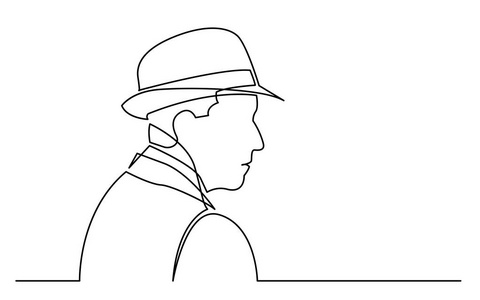 戴帽子的人的白色背景肖像上孤立的连续线条画