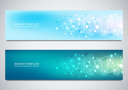 带有 dna 链和分子结构的站点的横幅和标题。基因工程或实验室研究。抽象几何纹理在医学科技设计中的应用