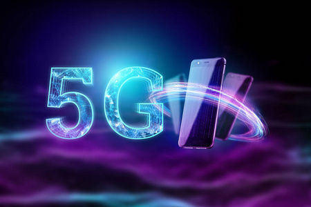 创意背景铭文5g背景的紫色和蓝色能量黑暗背景。 5g网络高速移动互联网新一代网络的概念。 复制空间混合媒体。
