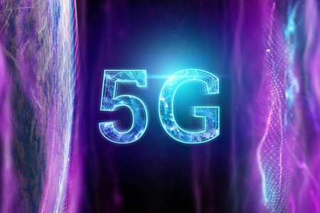 创意背景铭文5g背景的紫色和蓝色能量黑暗背景。 5g网络高速移动互联网新一代网络的概念。 复制空间混合媒体。