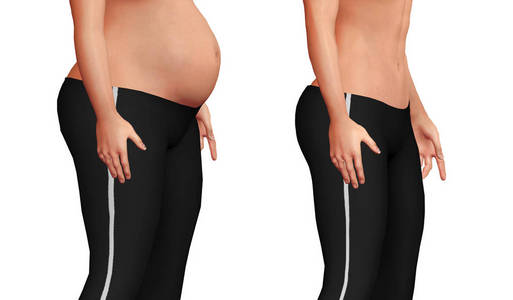 女性腹部减肥前与体脂下降和腹肌量增加有关。 白色背景。 三维插图