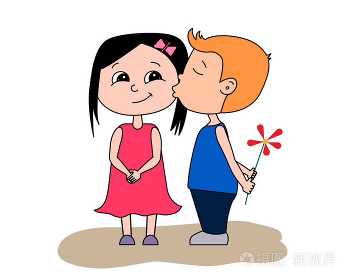 可爱的小女孩和男孩亲吻情人节卡片.