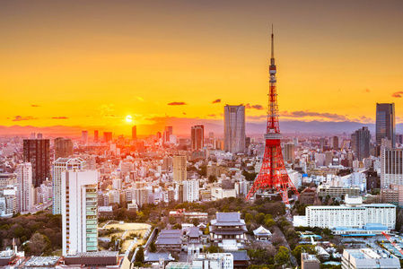 东京日本城市景观和日落塔。