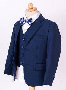 s blue jacket suit with shirt and bow tie on white background.