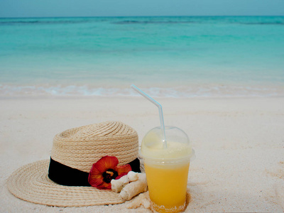 在热带岛屿上放松身心, 概念。防晒和防热。草帽和菠萝汁