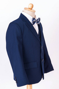 s blue jacket suit with shirt and bow tie on white background.