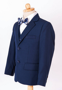 s blue jacket suit with shirt and bow tie on white background