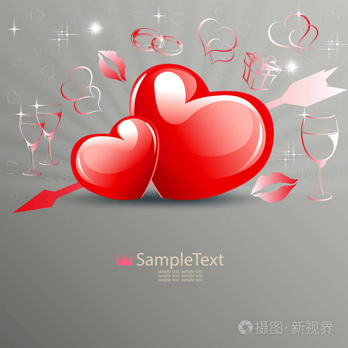 明亮的两颗心和一支箭的浅色构图