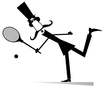 绅士打网球孤立的插图。 戴顶帽子的胡子男打网球，白打黑