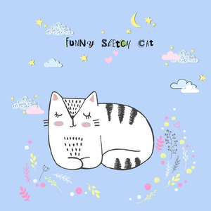 可爱的向量动画片 kawaii 猫与云彩, 星, 心脏, 手绘模仿, 画与平板电脑, 童话, 隔绝