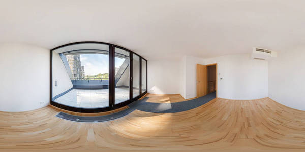 公寓大厅全景360视图在现代白色空阁楼公寓内部客厅大厅全无缝360度