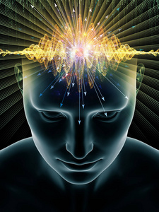 心灵电波系列。与意识大脑智力和人工智能相关的项目中适合的人脑和技术符号的三维插图的抽象组成