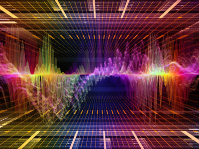 波函数系列。以有色正弦振动光和分形元素为隐喻的声音均衡器音乐谱和量子概率设计