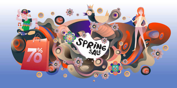 春季销售彩色特别折扣横幅和插图