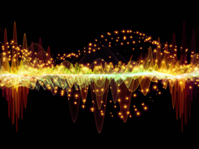 波函数系列。 色正弦振动光和分形元素对声音均衡器音乐谱和量子概率的抽象设计