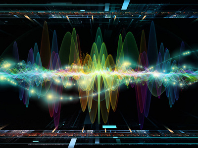波函数系列。 由彩色正弦振动光和分形元素组成的背景，适用于均衡器音乐谱和量子概率项目