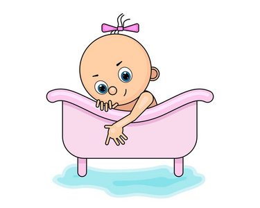 快乐的卡通婴儿在浴缸里洗澡. 微笑卡通可爱的女婴.