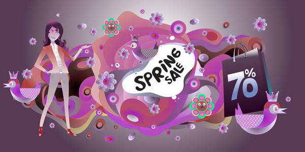 春季销售彩色特别折扣横幅和插图