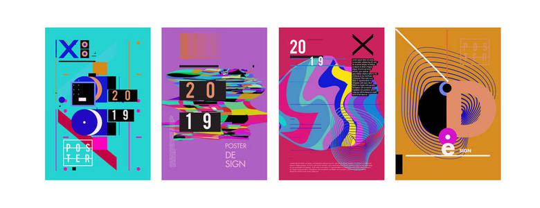 2019年新海报设计模板.. 时尚矢量排版和彩色插图拼贴封面和页面布局设计模板