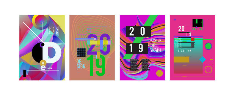 2019年新海报设计模板.. 时尚矢量排版和彩色插图拼贴封面和页面布局设计模板