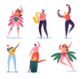 巴西狂欢节乐队字符集。时尚的女人在羽毛比基尼礼服舞蹈在巴西音乐节。人玩吉他和萨克斯管的夏季假期孤立的平面卡通矢量插图