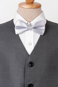 s grey suit with shirt and white bow tie