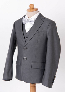s grey jacket suit with shirt and bow tie on white background