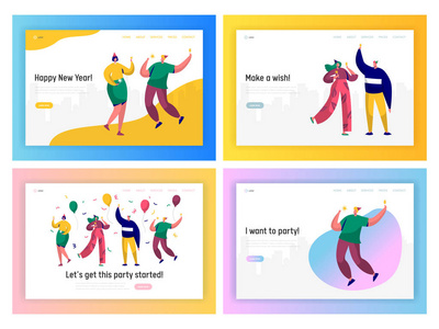 快乐的商务人士新年聚会登陆页面集。企业团队角色庆祝圣诞节或生日。办公室节日假日为网站或网站。平面动画片向量例证