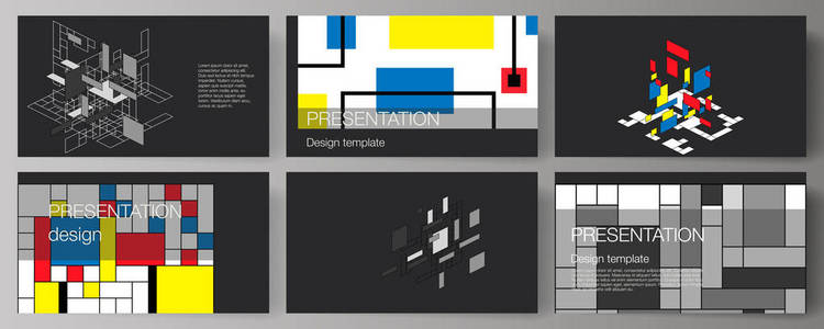 演示文稿的简约抽象矢量可编辑布局幻灯片设计业务模板。抽象多边形背景, 五颜六色的马赛克图案, 复古的布豪斯德斯蒂德尔设计
