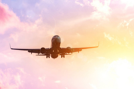 飞机的轮廓在温暖的黄色粉红色的天空和云彩。 科普特去温暖的国家旅行。