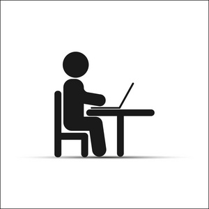 简单地画一个人坐在桌子旁，在笔记本电脑上工作