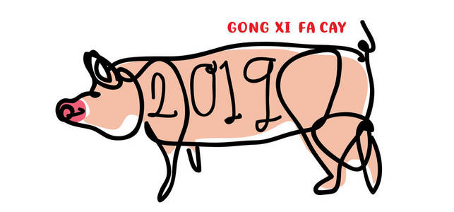 2019中国新年用简单的极简主义卡通线艺术插图猪