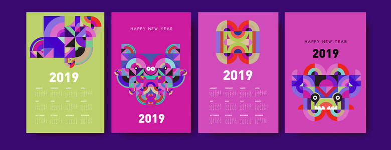 2019年日历设计模板与彩色多边形插图背景