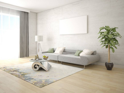 模拟明亮的客厅与舒适的紧凑沙发和轻希普斯特背景。