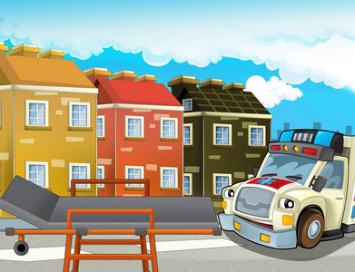 城市卡通场景与医生车快乐救护车儿童插图