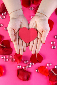 红纸心脏在女性手在一个粉红色的背景被玫瑰花瓣围拢