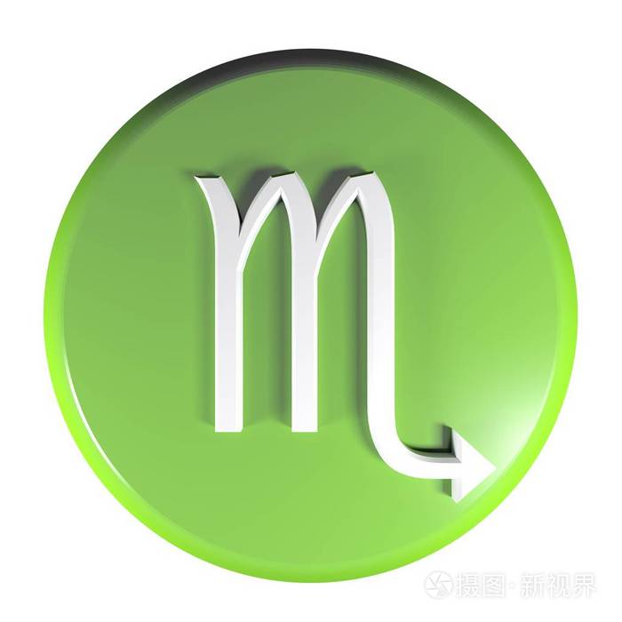 绿色圆圈按钮与黄道星座天蝎座的图标隔离在白色背景3d渲染插图.