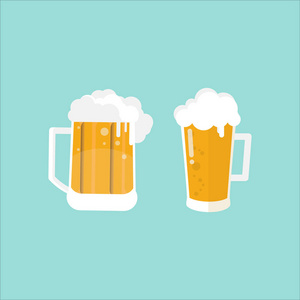 背景上的啤酒和杯子。 平面图标样式的矢量插图