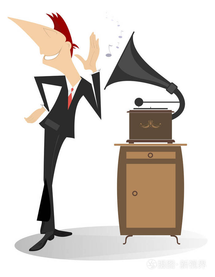 男子音乐和老式唱片播放器孤立插图.