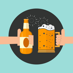 两只手拿着美味的泡沫啤酒眼镜图标。 庆祝啤酒节矢量插图